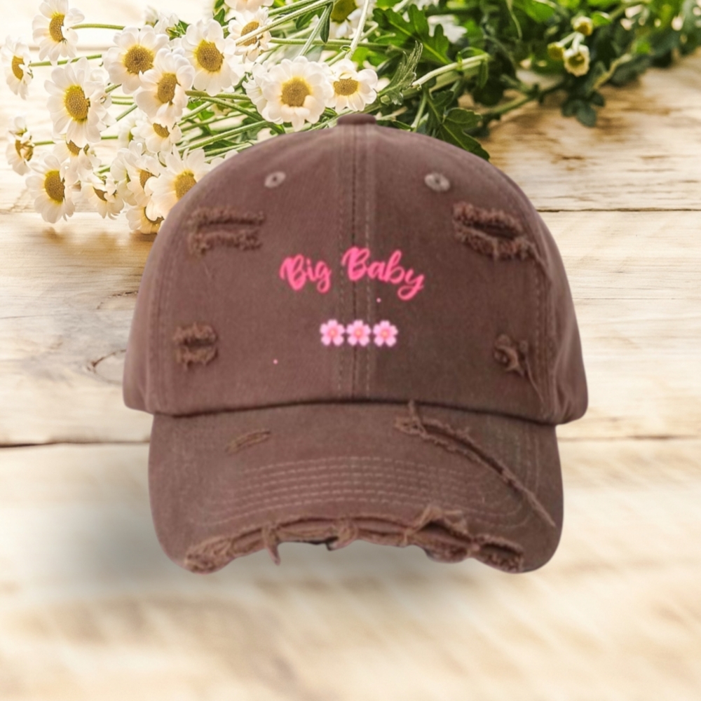Pink Embroidered Distressed Brown Hat